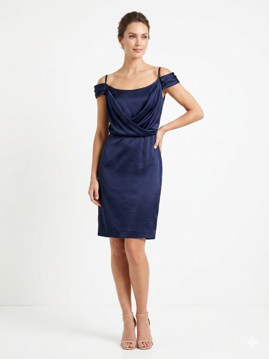 St. John Dresses & Skirts - ST JOHN Navy Blue Cold-Shoulder Draped Cross-Over Satin Cocktail Dress Size 10